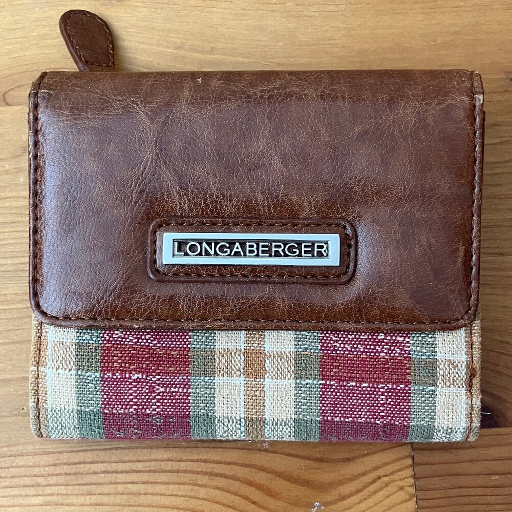 LONGABERGER WALLET 3 folded Brown Leather/Textil Zip/Magnet - Picture 1 of 9